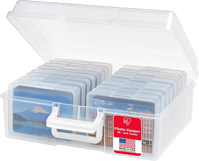 IRIS USA Photo Storage Box |Made in USA| 16 Cases - Clear | Fits 4" x 6" Pictures / Built-In Handle / Organizing Containers for Tasks, Stickers, Ephemera & Flashcards by IRISUSA