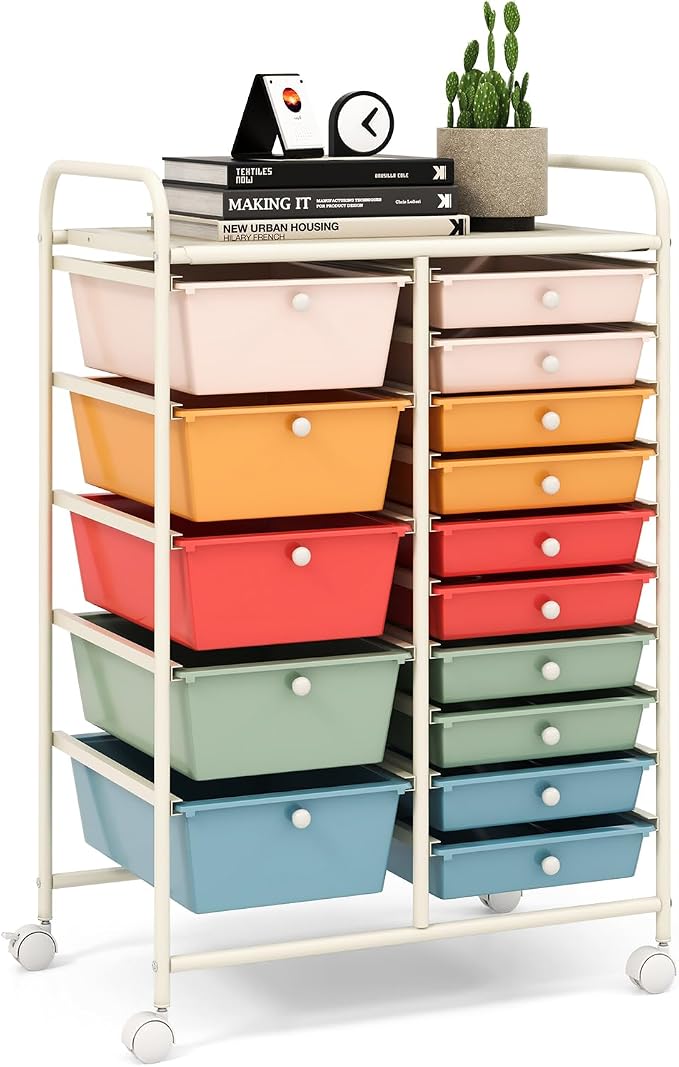 15 Drawer Rolling Storage Cart, Rolling Cart with Drawers for Classroom, Art Supply Craft Organizer on Wheel with Metal Frame & Handles for Home Office School by LDAILY