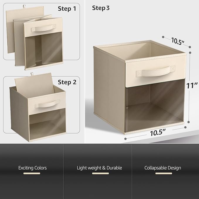 Sorbus 11 Inch Storage Bins with Clear Window - 6 Foldable Baskets for Organizing Clothes, Toys, Books - Sturdy Collapsible Fabric Storage Cubes with Handle - Storage Baskets for Shelves, Closets - Image 3