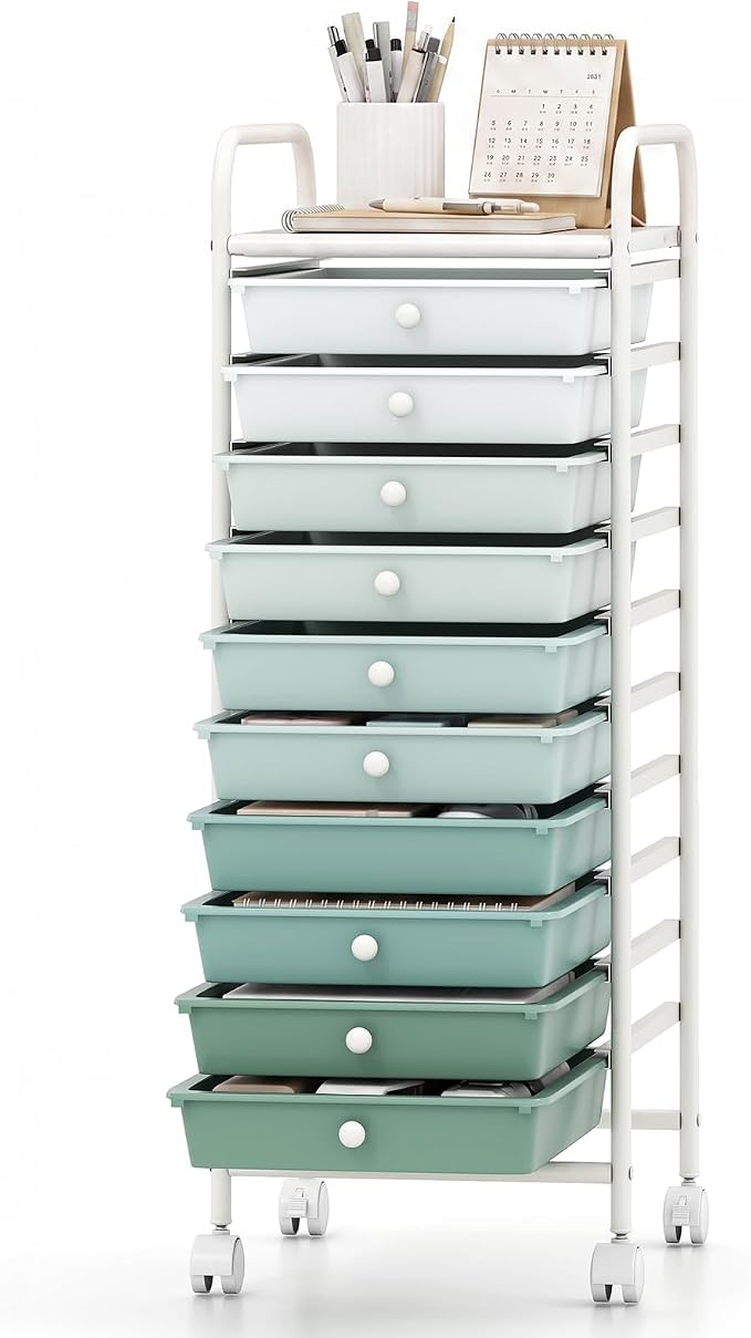 GOFLAME 10-Drawer Rolling Storage Drawer Cart, Utility Cart with Removable Drawers & Metal Frame, Mobile Art Craft Drawer Cart with Lockable Wheels for Home, Office, Studio, School, Green Gradient by GOFLAME