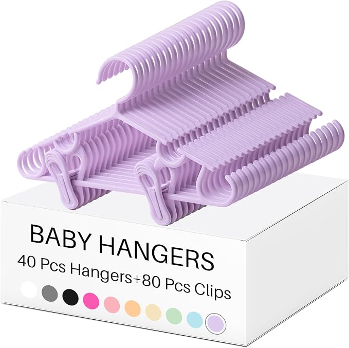 Hsei Baby Hanger with Clip for Pant,120 Packs Total,Purple,10.6 Inch | 40 Kids Plastic Hanger with 80 Clips for Newborn, Nursery, Daycare, Preschool, Closet, Wardrobe Organizer for Baby Shower by Hsei