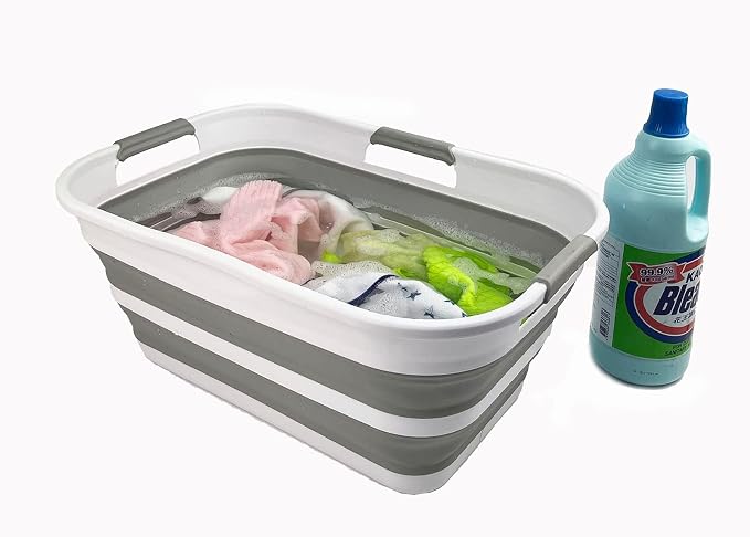 SAMMART 21L (5.5 Galloons) Collapsible Plastic Storge Basket - Foldable Pop Up Storage Container/Organizer - Portable Washing Tub - Space Saving Hamper/Basket (White/Grey) - Image 5