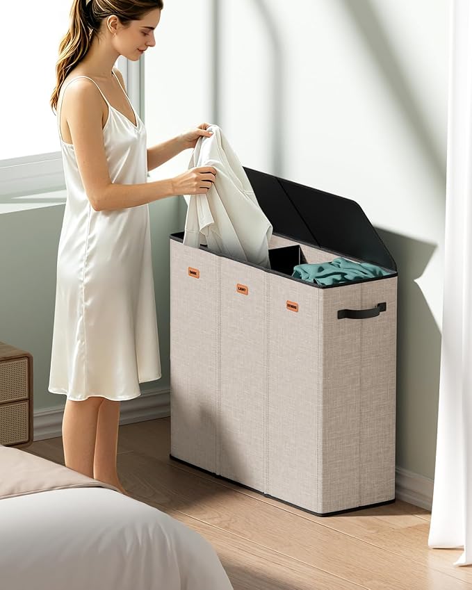 185L Laundry Hamper 3 Section with Lid & Removable Bags | Collapsible laundry basket organizer for laundry room, bedroom & dorm with 3 removable washing bags - Image 2