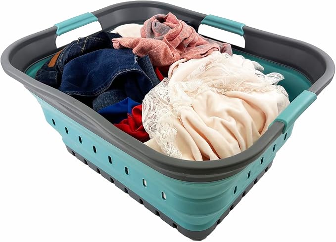SAMMART 42L (11 gallon) Collapsible Plastic Laundry Basket - Foldable Pop Up Storage Container/Organizer - Space Saving Hamper/Basket (Grey/Crystal Blue) - Image 5