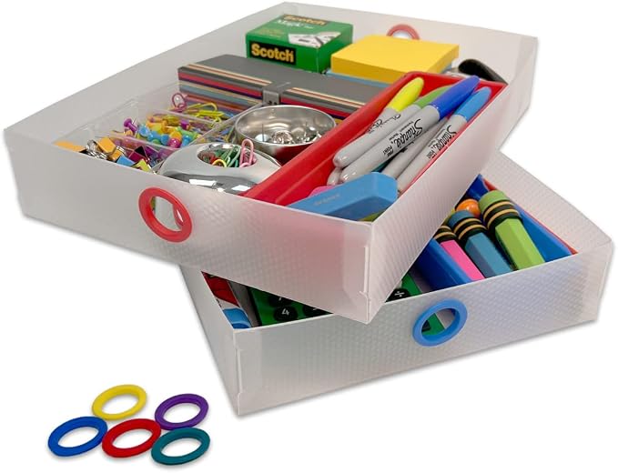 Ultimate Office TierDrop Supply Drawers, 9w x 12d x 2.25h, Set 2, Clear | Color-coded finger rings for easy access to contents; stores desk accessories and supplies; designed for TierDrop organizers by UltimateOffice