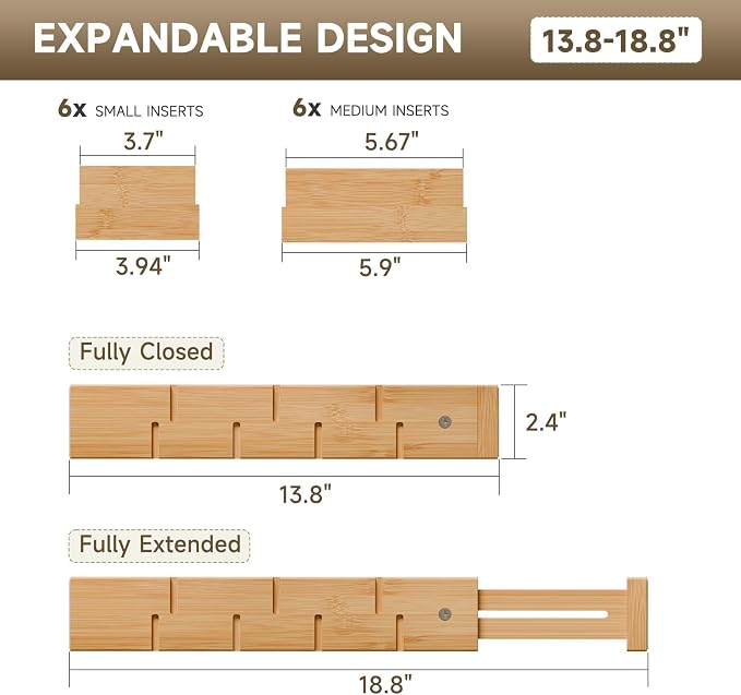 Bamboo Drawer Dividers, Expandable Kitchen Drawer Organizer | Include 6 Dividers, 6 Small Inserts and 6 Medium Inserts for Home, Office, Dressers - Image 2
