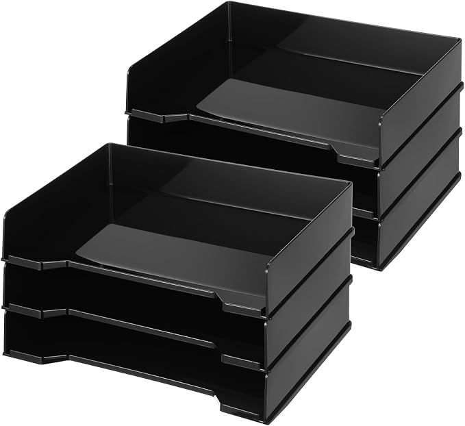 DoubleFill 6 Pcs Stackable Letter Tray Plastic Paper Tray, Black | 13 x 9.5 x 2.6 In, Rectangular, Paper Holder, File Tray for Desktop Office Desk Drawers by DoubleFill