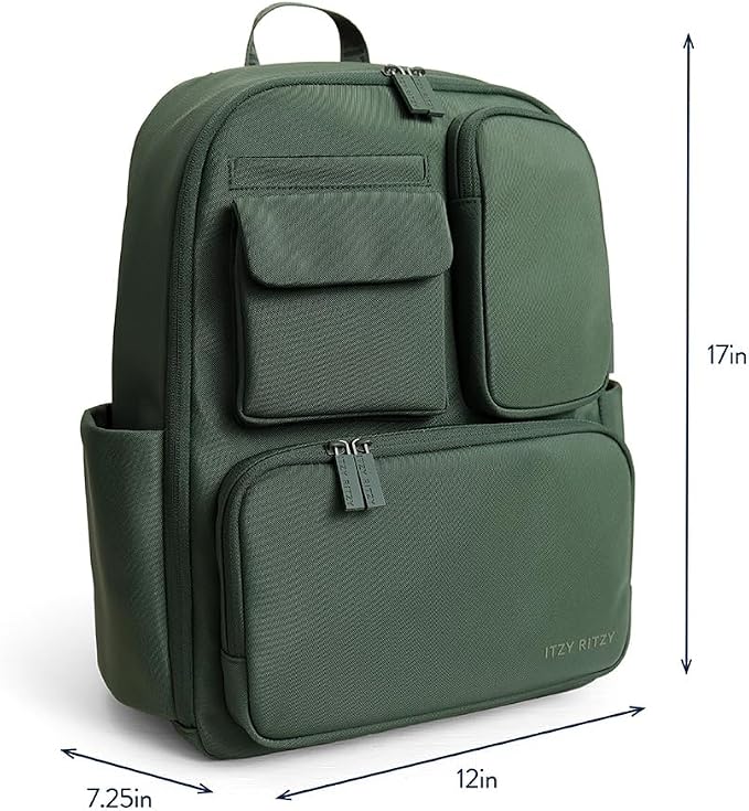 Itzy Ritzy Utility Diaper Bag Backpack, 17 Pockets w/Changing Pad (Green) | Travel-Ready Diaper Backpack with 2 Insulated Bottle Holders, Laptop Compartment, Trolley Sleeve, Straps, and Changing Pad - Image 11