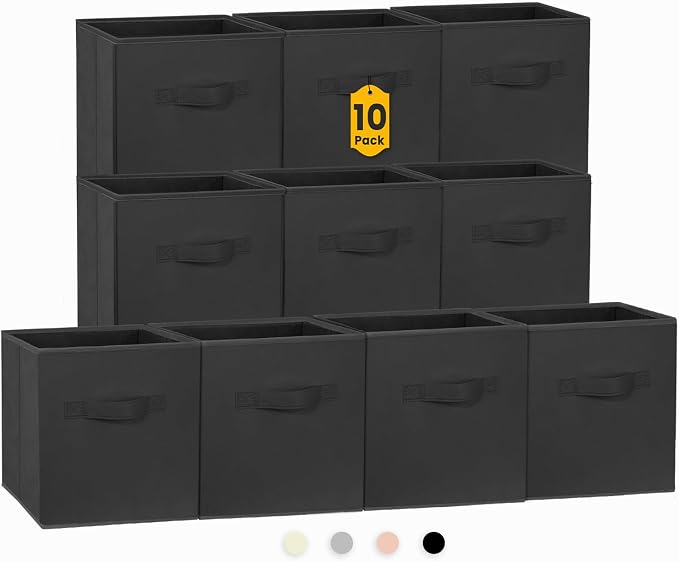 Storage Cubes, 11 Inch Clothes Storage Bins for Shelves Closet (10 Pack), Fabric Collapsible Storage Bins with Dual Handles, Cubby Storage Baskets for Magazines, Dorm Essentials (Black) by Criusia