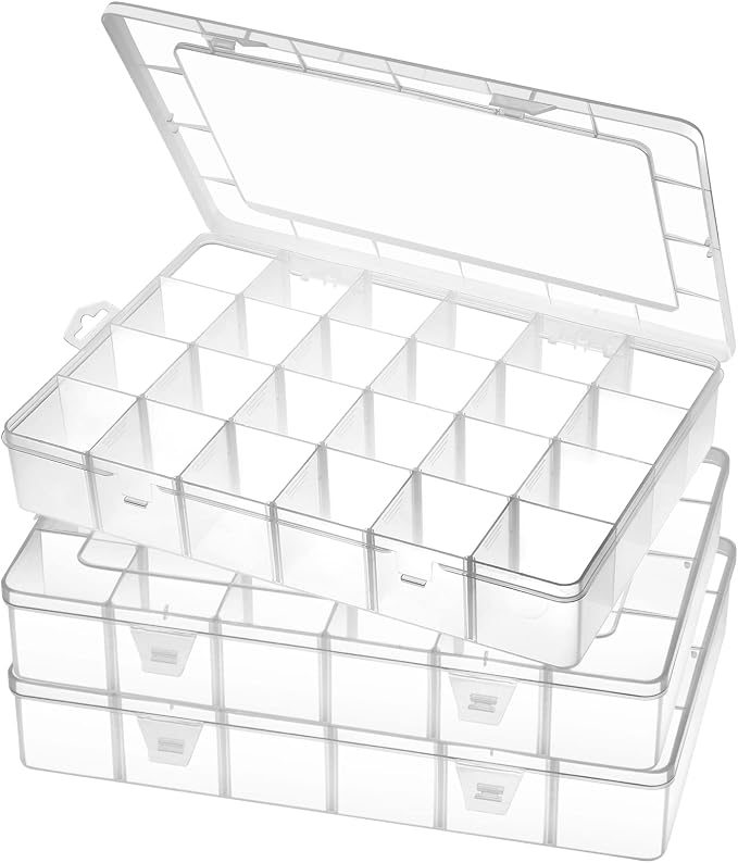 Gbivbe Large 24 Grids Plastic Organizer Box Adjustable Dividers,Clear Storage Box for Jewelry, Art DIY Crafts, Washi Tapes, Beads and Small Parts(3 Pack) by Gbivbe
