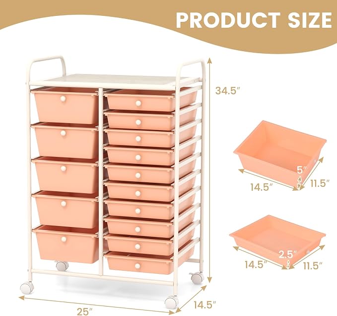 15 Drawer Rolling Storage Cart, Rolling Cart with Drawers for Classroom, Art Supply Craft Organizer on Wheel with Metal Frame & Handles for Home Office School - Image 3