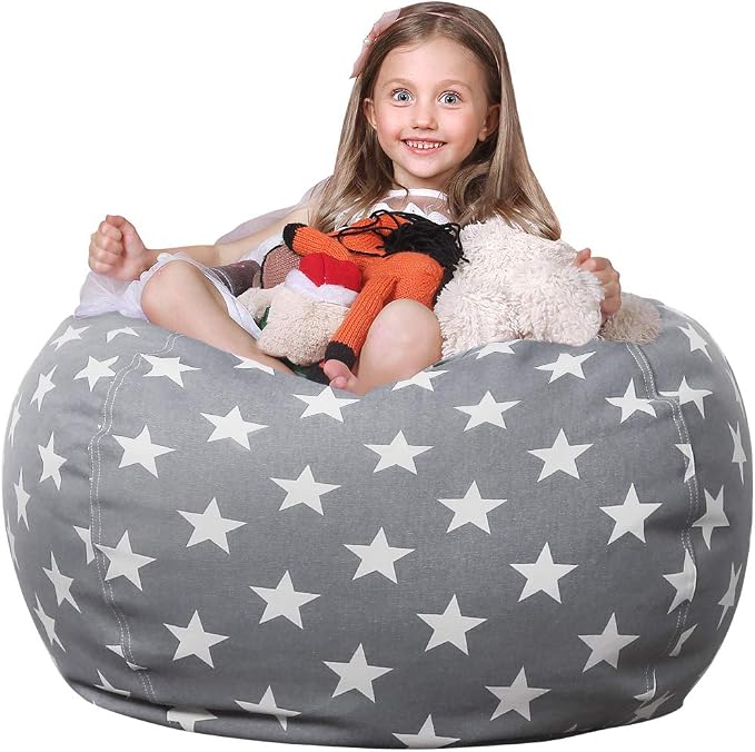 WEKAPO Stuffed Animal Storage Bean Bag Chair Cover for Kids | Stuffable Zipper Beanbag for Organizing Children Plush Toys Large Premium Cotton Canvas (Grey Star, X-Large) by Wekapo