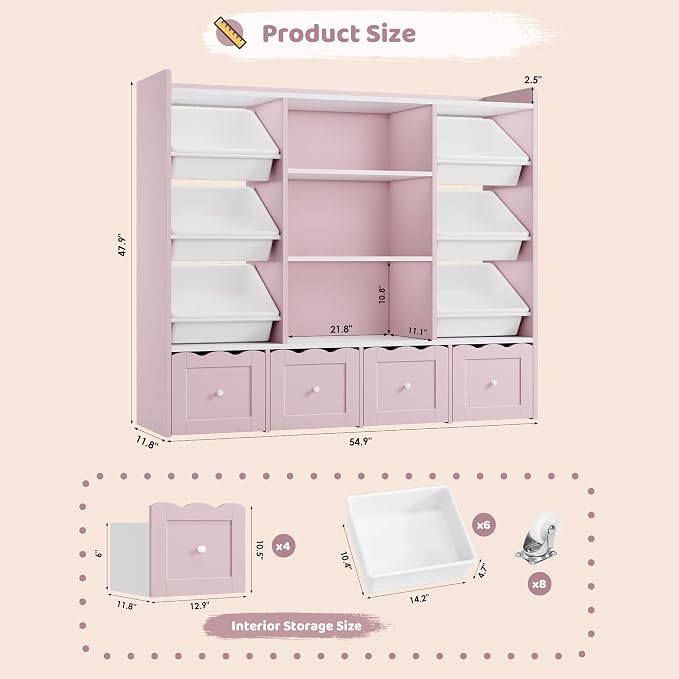 HITHOS 55" W Kids Toy Storage Organizer with 10 Toy Box & Book Shelf, Pink | Large Toy Organizers and Storage with Kids Bookshelf & 6 Plastic Toy Chests & 4 Movable Drawers for Kids Room, Playroom - Image 2