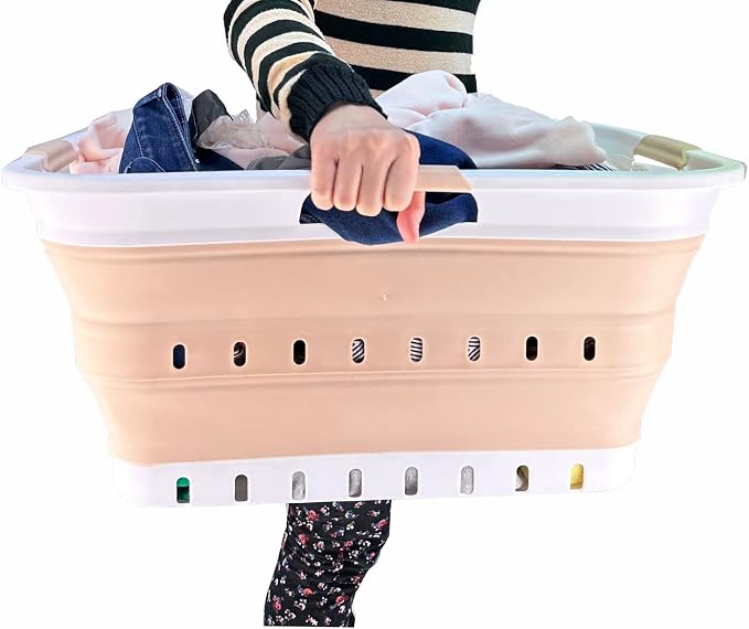 SAMMART 42L (11 gallon) Collapsible Plastic Laundry Basket - Foldable Pop Up Storage Container/Organizer - Portable Washing Tub - Space Saving Hamper/Basket (White/Latte) - Image 7