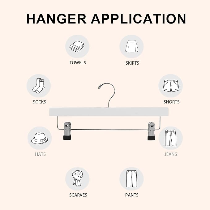 14" Wood Pants Hangers with Adjustable Non-Slip Clips, White, 12-Pack | Solid Wood Material, Bottom Hangers with 360° Swivel Hook, Space Saving Hangers for Skirts, Slacks, Trousers, Jeans - Image 6