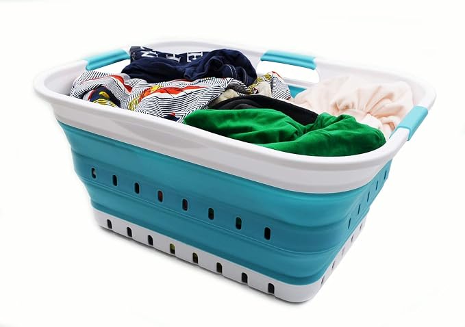 SAMMART 42L (11 gallon) Collapsible Plastic Laundry Basket - Foldable Pop Up Storage Container/Organizer - Portable Basket - Space Saving Hamper/Basket (2, White/Bright Blue) - Image 6