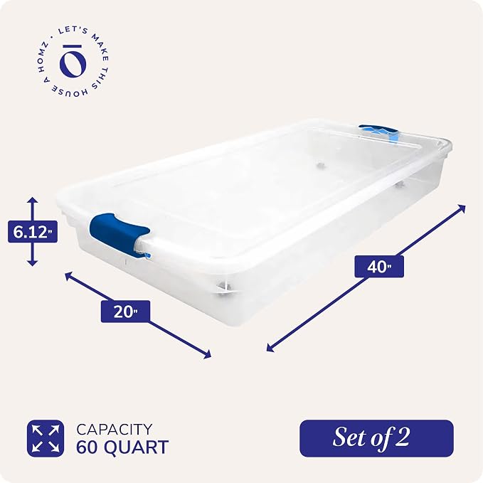 HOMZ Under Bed Clear Plastic Storage Bin w/Lid, 60 Qt, Blue Latch, 2 Pack | Heavy-Duty Stackable Containers, Large Organizer Box for Homes, Offices, and Garages - Image 4
