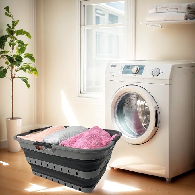 SAMMART 42 (11 Gallons) Collapsible Plastic Laundry Basket, Foldable Pop Up Storage Container/Organizer, Space Saving Hamper, Portable Bin for Dorm Room Bathroom (1, Grey/Black) - Image 5