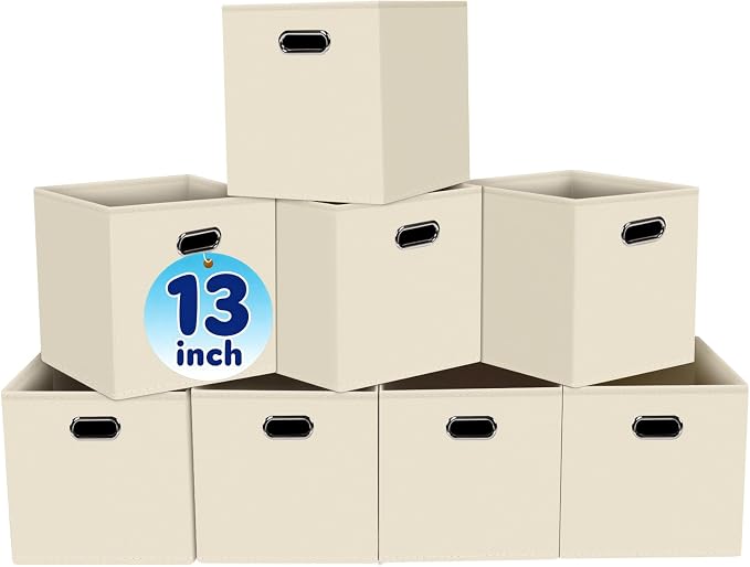 Fabric Cubby Storage Bins,13x13x13 Inches ,Cube Organizer Bin Foldable Storage Boxes with Dual Handles Fabric Organizer Box and collapsible Storage basket,Set of 8,Creamy-White by Yunkeeper