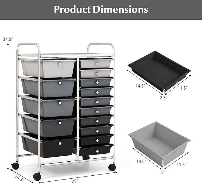 COSTWAY 15 Drawer Rolling Storage Cart, Mobile Storage Organizer | Removable Drawers & Metal Frame, Multipurpose Utility Tools Paper Organizer on Wheels for Home, Office (Mixed Black) - Image 3
