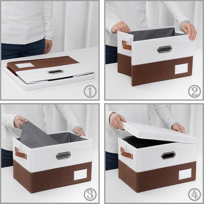 Foldable Storage Bins with Lids [3-Pack] Fabric Collapsible Storage Boxes Baskets Cubes Containers with Handles for Closet Living Room Bedroom (Brown & White 14.9x9.8x9.8'') - Image 6