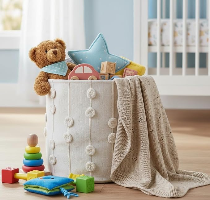 Storage Bins for Kids Nursery Bin Organizer (13"x12") Laundry Basket for Closet, Decorative Floor Storage Basket Canvas Fabric Storage Basket (Pompom - Oat) - Image 5