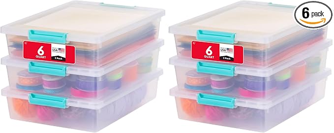 IRIS USA 6 Qt. Craft Storage Bins with Lids, 6-Pack, |Made in USA|, Clip Box, Small Plastic Sensory Bin Tote Organizer Containers for Art Supplies, Paper, & Office, Stackable - Clear/Seafoam Blue by IRISUSA
