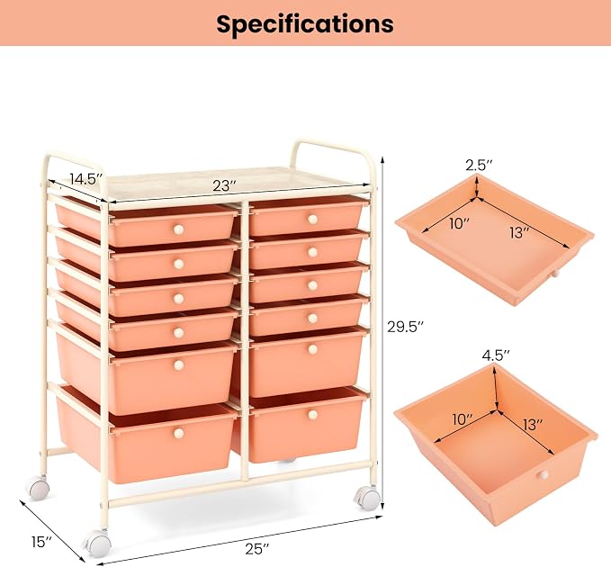 Giantex 12 Drawers Rolling Storage Cart, Classroom Organizers with Wheels for Tools Scrapbook Craft Paper Teacher Office School Supplies (Peach Fuzz) - Image 3