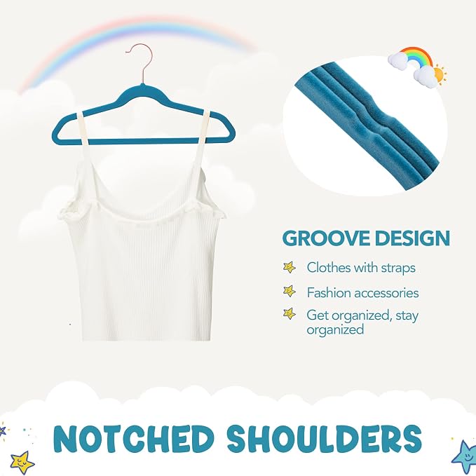 HOUSE DAY Velvet Kids Hangers 60 Pack, Premium Childrens Hangers for Closet | Light Blue Ultra Thin Cute Clothes Hanger, Non Slip Small Felt Hanger 14 Inch for Kids Clothes +360° Swivel Rose Gold Hook - Image 5