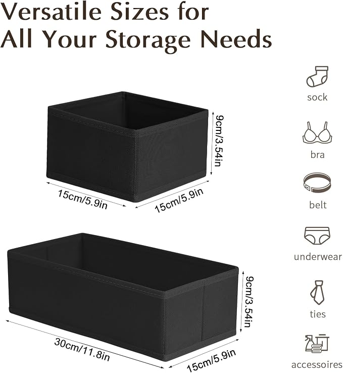 DIMJ Drawer Organiser System, Drawer Organiser, Foldable Storage Box, Fabric, Drawer Inserts for Wardrobes, Wardrobe Organiser for Clothes, Pack of 12, Black - Image 2
