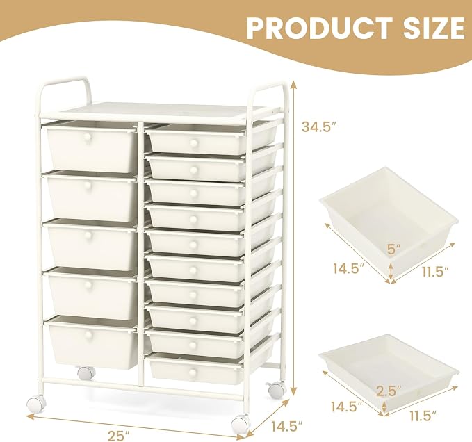 15 Drawer Rolling Storage Cart, Rolling Cart with Drawers for Classroom, Art Supply Craft Organizer on Wheel with Metal Frame & Handles for Home Office School - Image 3