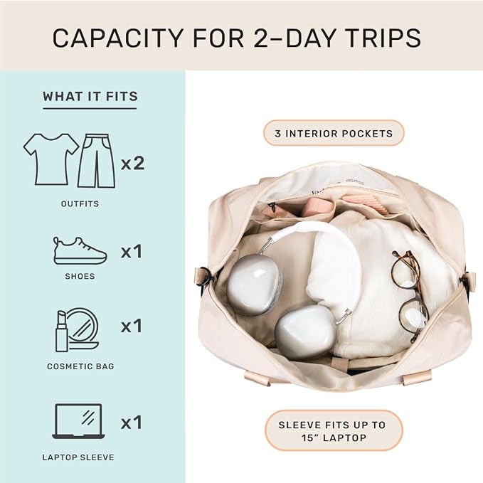 Austin Carry-On Travel Duffel Bag for Women, 18” Weekender Bag with Laptop Sleeve, Durable Material, and Trolley Sleeve, Ideal for Work, Gym, and Overnight Trips (Natural) - Image 2