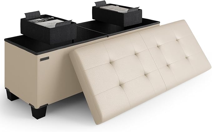 Storage Ottoman Bench with Bins, 43-in Storage Bench for Bedroom End of Bed, Folding Foot Rest Ottoman for Living Room Max 660lbs, Leather Ottomans, Beige by STORAGEBUD
