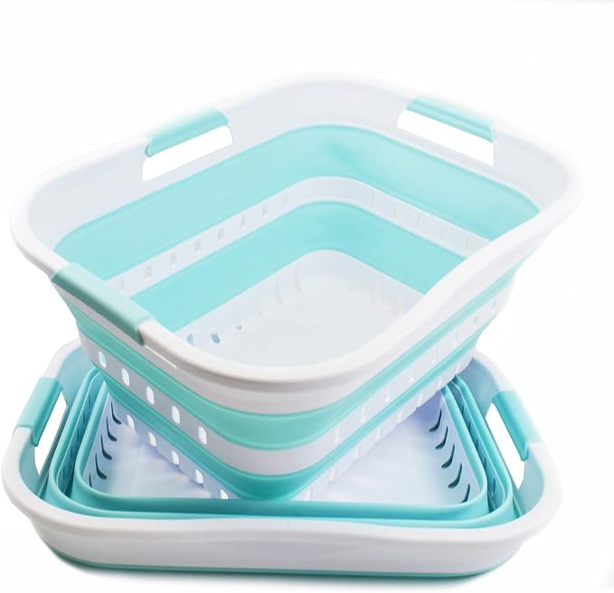 SAMMART Set of 2-30L (8 gallon) Collapsible Plastic Laundry Basket - Foldable Pop Up Storage Container/Organizer - Space Saving Hamper/Basket (2, White/Lake Green) - Image 4