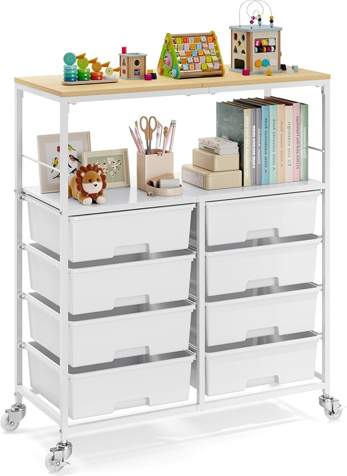 Rolling Storage Cart with 8 Large Drawers, Wooden Tabletop | Open Storage Shelves, Mobile Craft Organizer with Lockable Wheels for Home, Classroom, Office Supplies & Art Studio,White by APEXCHASER