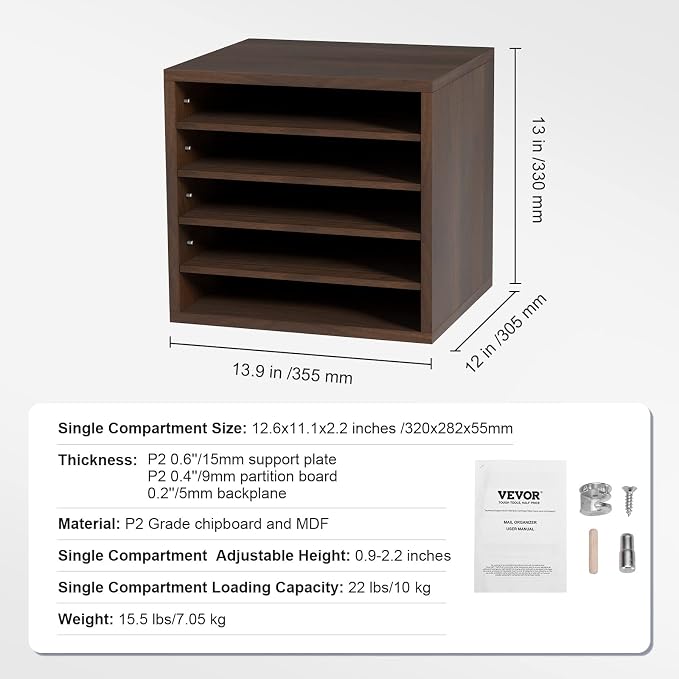 VEVOR Literature Organizers, 5 Compartments Office Mailbox with Adjustable Shelves, Wood Literature sorter 13.9x12x13 inches for Office, Home, Classroom, Mailrooms Organization, EPA Certified, Brown - Image 7