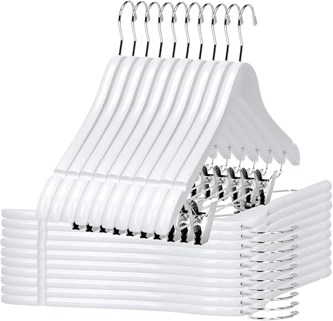 Quality Wooden Skirt Hangers with Clips, 20-Pack Semi Curved, Smooth Solid Wood Pants Hangers with Durable Adjustable Metal Clips, Swivel Hook, Coat, Jacket, Blouse Suit Hangers (White, 20) by QualityHangers