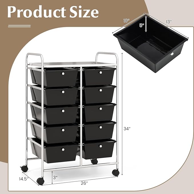 RELAX4LIFE Rolling Storage Cart with 10 Drawers - Craft Storage Cart with Lockable Wheels,Utility Cart, Art Cart Organizer for Crafting Storage, Studio, Office, Home, School Rolling Drawer Cart - Image 3