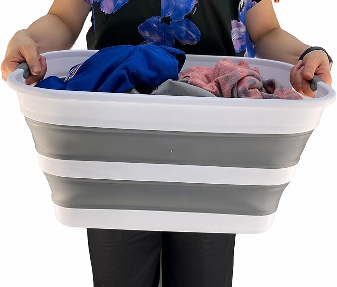 SAMMART 27L (7.1 Gallons) Collapsible Plastic Laundry Basket with Handle-Foldable Pop Up Storage Basket with handle (2, White/Steel Grey) - Image 7