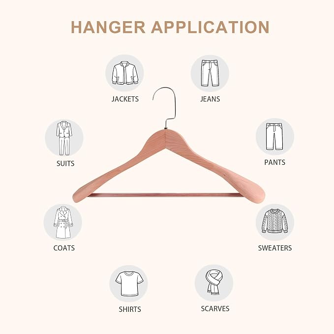 17.5" Wooden Suit Hangers with Non Slip Pants Bar, Cedar Wood, 2-Pack | Wood Extra-Wide Shoulder Hangers with Flat-Head Hook for Suits, Coats, Jackets, Shirts, Pants, Heavy Clothes - Image 8