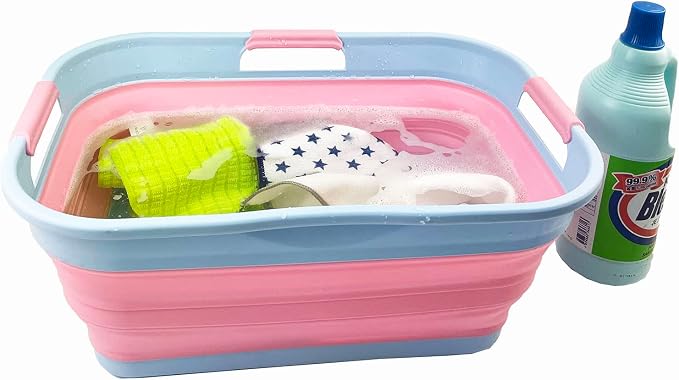 SAMMART 21L (5.5 Galloons) Collapsible Plastic Storge Basket - Foldable Pop Up Storage Container/Organizer - Portable Washing Tub - Space Saving Hamper/Basket (Cool Blue/Maglia Rosa (Set of 2)) - Image 5