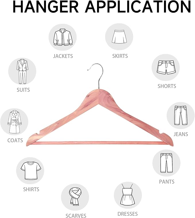 Wooden Clothes Hangers with Pants Bars, Cedar Wood, 12-Pack | Heavy Duty Solid Wood Suit & Coat Hangers with Swivel Hook & Shoulder Notches, for Shirts, Jackets, Dresses & Trousers - Image 6