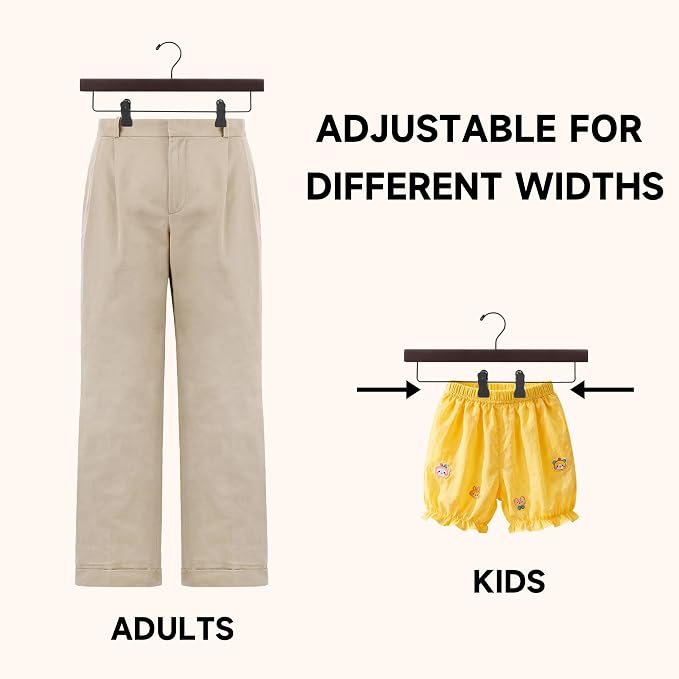 14" Wood Pants Hangers, Adjustable Non-Slip Clip, Dark Cherry, 24-Pack | Solid Wood Material, Bottom Hangers with 360° Swivel Hook, Space Saving Hangers for Skirts, Slacks, Trousers, Jeans - Image 5