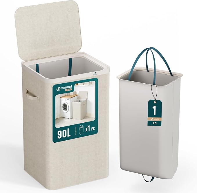 VOUNOT® 90L Laundry Basket with Lid, Rectangular Laundry Hamper with Removable Bag & Handles, Foldable Laundry Bin for Bedroom, Bathroom, Utility Room, Beige by VOUNOT