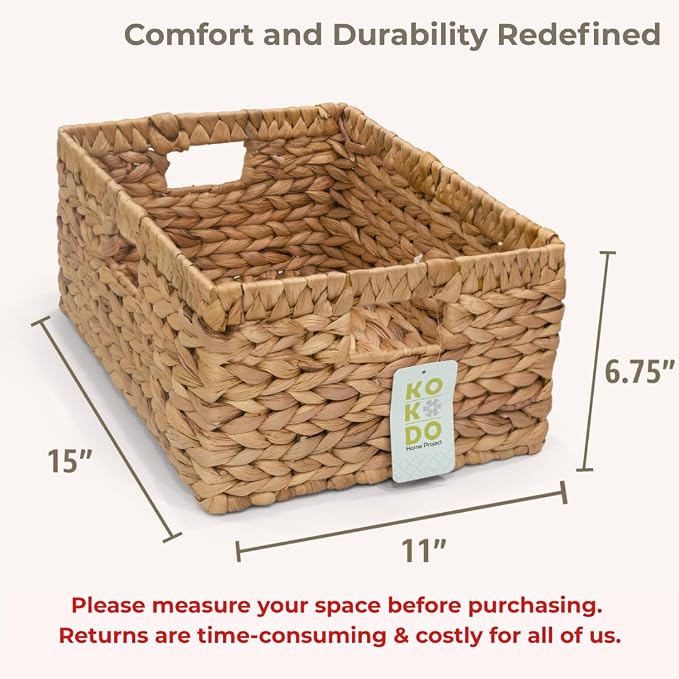 KOKODO 15”L x 11”W Large Rectangular Water Hyacinth Wicker Storage Basket with Handles, Metal Frame and Chalkboard Label, Handwoven Bin for Space-Saving Room Organization - Image 3