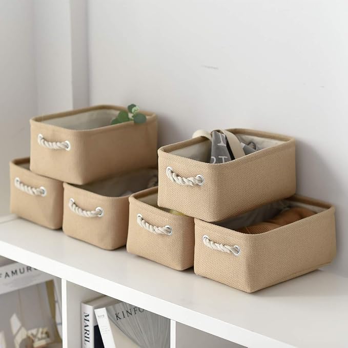 Storage Basket for Organizing - Small 6 Pack 11.8x7.8x5.2 inch Fabric Storage Cubes with Cotton Rope Handle, Collapsible Storage Bins Baby Storage Toy Nursery (Beige) - Image 4