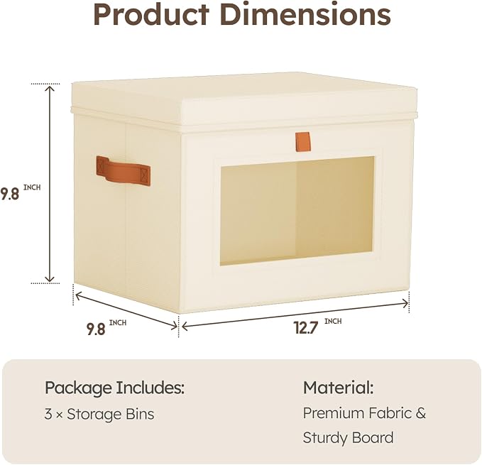 Storage Bins with Lids - Front Opening Storage Box with Clear Window & Handles, Stackable Foldable Fabric Bins for Closet Organization, Clothes, Sweaters, Towels, Blankets, 3 Pack, Beige - Image 8