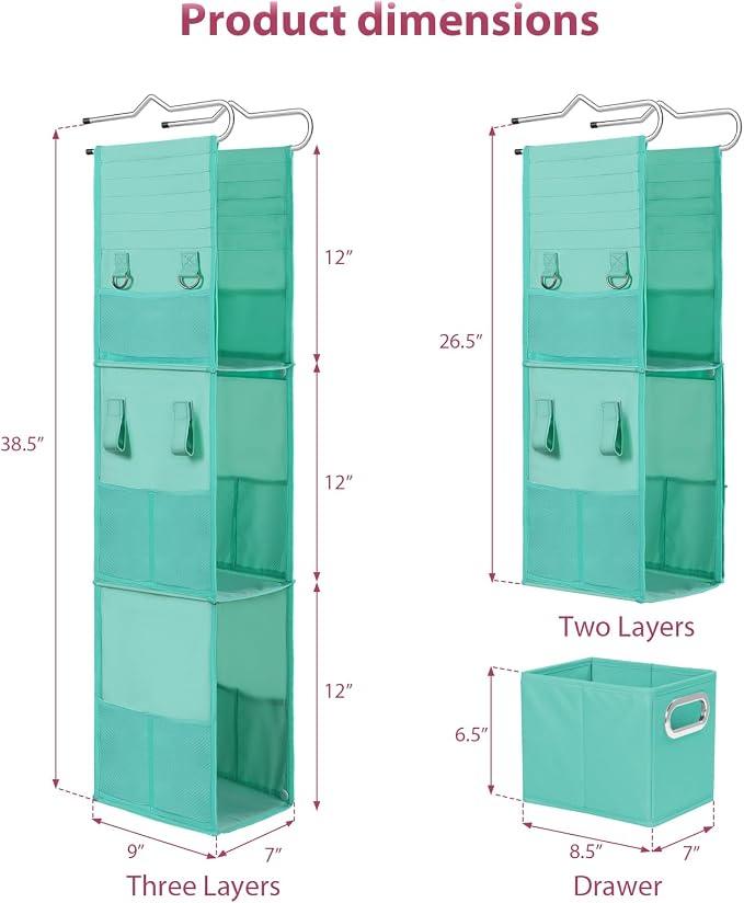 3 Shelf Hanging Locker Organizer with Side Pockets, Dark Green | Durable Oxford Fabric, Deep Shelves 9 in x 7 in, Adjustable Locker Shelf from 3 to 2 Shelves for School Locker, Gym, Closet - Image 3