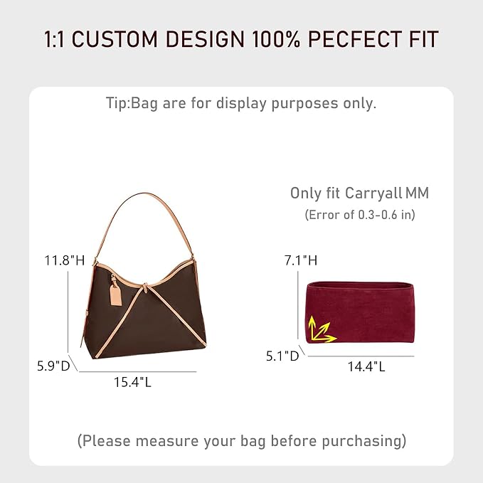 Soft Velvet Purse Organizer Insert for lv Carryall MM, Wine Red | Carryall MM Organizer with Zipper Cover Closure, Protects Interior, Keeps Shape, Easy Transfer Tote Handbag Dividers - Image 2