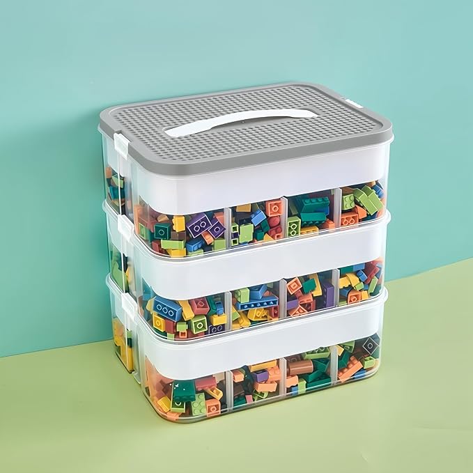 Toys Organizer Storage Case for Lego Box Kids Toy Stackable Building Blocks with Lids Bins Adjustable Lego Storage Containers Plastic Toy Box 3 Layer (Grey) by joyingbaby